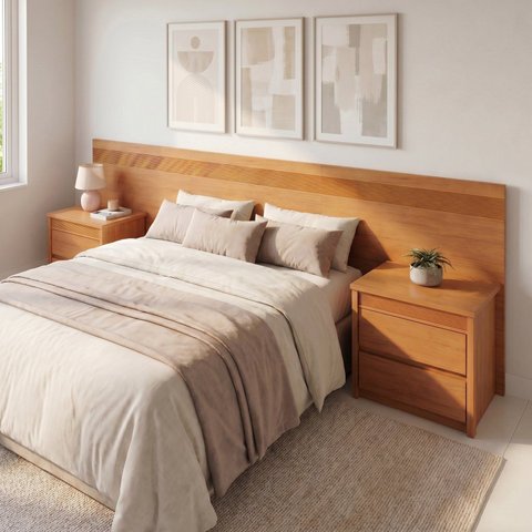 Painel Cabeceira Frisado Casal/Queen com LED e 2 Mesas de Cabeceira 109x270cm