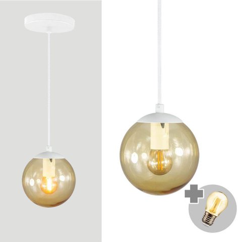 Pendente Branco C/ Globo de Vidro Ambar de 14cm + Led 2w