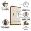 Ver imagem 4 de Guarda-Roupa Solteiro 4 Portas, 4 Gavetas, Pés e Espelho MDF Cambori Cinamomo/Off White
