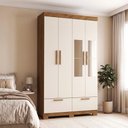 Ver imagem 1 de Guarda-Roupa Solteiro 4 Portas, 4 Gavetas, Pés e Espelho MDF Cambori Cinamomo/Off White