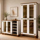 Ver imagem 1 de Kit Aparador Buffet Adega 135cm com Cristaleira 2 Portas Vidro Alegra S05 Off White Nogueira - Lyam
