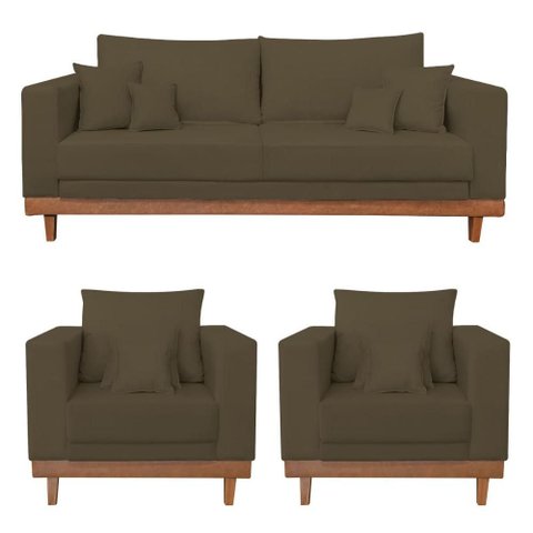 Kit 2 Poltronas Living + Sofá 2 Lugares Base Madeira Suede Cor:marrom