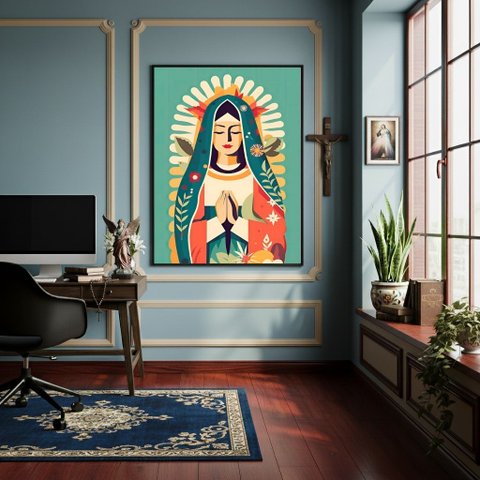 Quadro Arte Inspirada em Nossa Senhora de Guadalupe -70x50cm:moldura Branca
