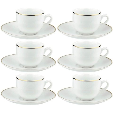 Jogo 6 Xícaras Café com Pires em Porcelana 90ml Legacy Gold Mesa Posta Servir