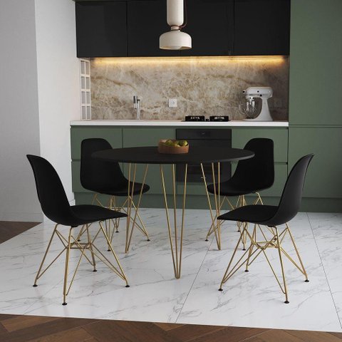 Mesa Jantar Redonda 110Cm Preta Clips 3 Pés Com 4 Cadeiras Pretas Base Dourada - Cor: Preto