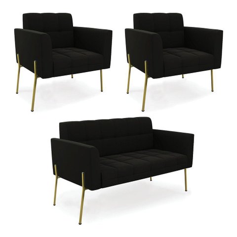 Sofá Namoradeira e 2 Poltronas Pé de Ferro Dourado Elisa Suede Preto D03 - D'Rossi