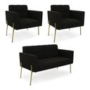 Ver imagem 1 de Sofá Namoradeira e 2 Poltronas Pé de Ferro Dourado Elisa Suede Preto D03 - D'Rossi