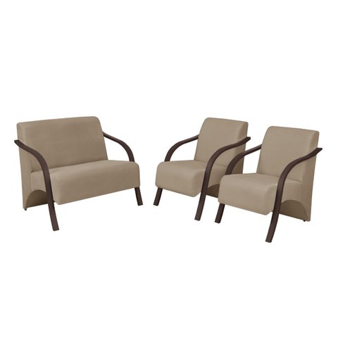 Conjunto Vênus Braço Madeira D Salla 2 Poltronas de 1 Lugar e 1 de 2 Lugares Suede Cappuccino