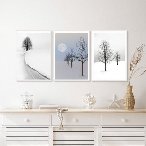 Kit 3 Quadros Minimalistas Paisagens Neve- Árvores 24x18cm - com Vidro:madeira Branca