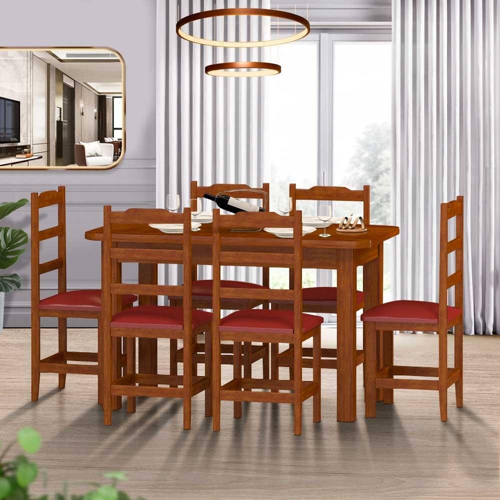 Mesa Com 6 Cadeiras Estofadas Madeira Maciça Mel Vermelho Pérola Nemargi - 1