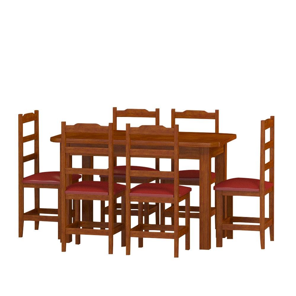 Mesa Com 6 Cadeiras Estofadas Madeira Maciça Mel Vermelho Pérola Nemargi - 2