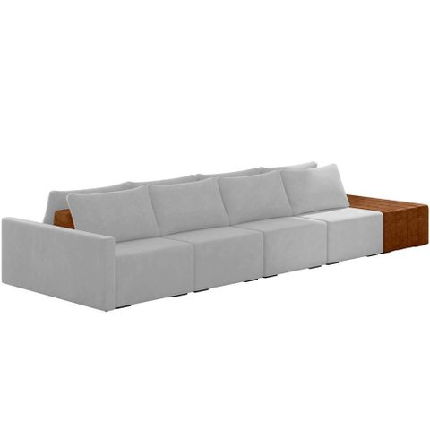 Sofá Ilha Modular para Sala 432cm com Puff Dublin K01 Veludo Cinza Sintético Caramelo - Lyam Decor
