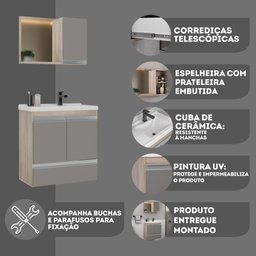 Kit Gabinete Banheiro Fox 60cm Madeirado/cinza (gabinete + Cuba + Espelheira) - 6
