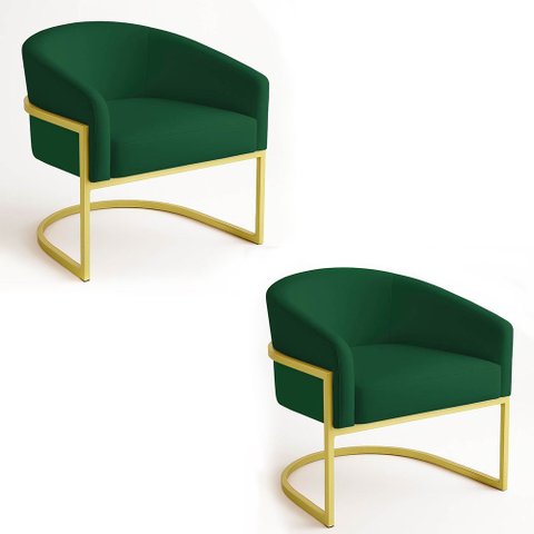 Poltrona Sala Decorativa Industrial Dourada Kit 2 Arielle Veludo Verde D03 - D’Rossi