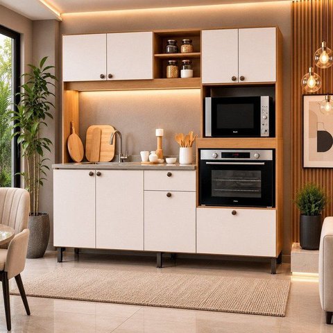 Cozinha Liz Completa Compacta 186cm com 8 Portas Espaço Forno e Microondas