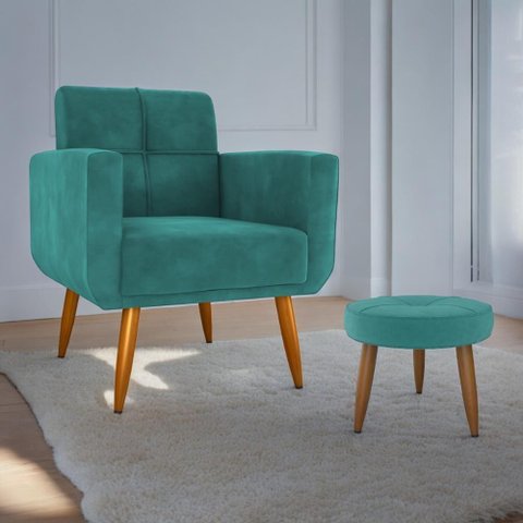 Conjunto de Poltrona e Puff Decorativos Miller Veludo Verde Menta