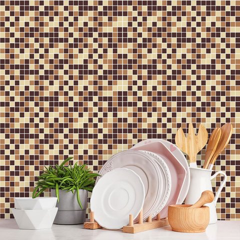Papel de Parede Adesivo Pastilhas Tons de Marrom e Bege 3m