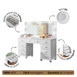 Penteadeira com Luz de Led no Espelho 9 Gavetas Camarim Espaçosa para Maquiagem em Mdf - 2