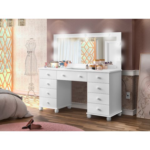 Penteadeira com Luz de Led no Espelho 9 Gavetas Camarim Espaçosa para Maquiagem