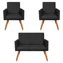 Ver imagem 1 de Kit 2 Poltronas e Namoradeira Nina Veludo Preto Pés Palito Castanho - Slk Decor