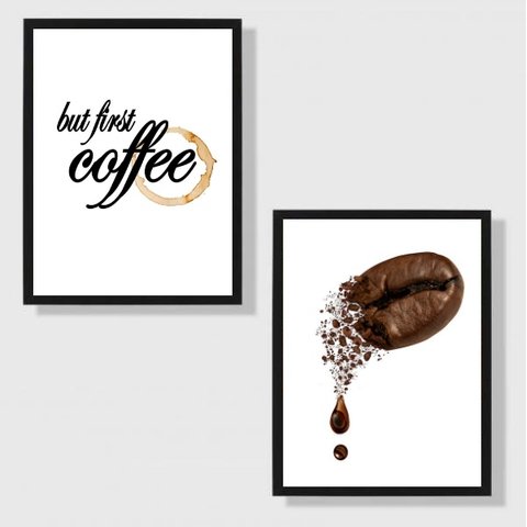 Kit 2 Quadros Minimalistas Café - First Coffee 24x18cm:moldura Branca