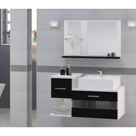 Kit Gabinete Mdf para Banheiro com Cuba e Espelheira 65cm:branco/preto