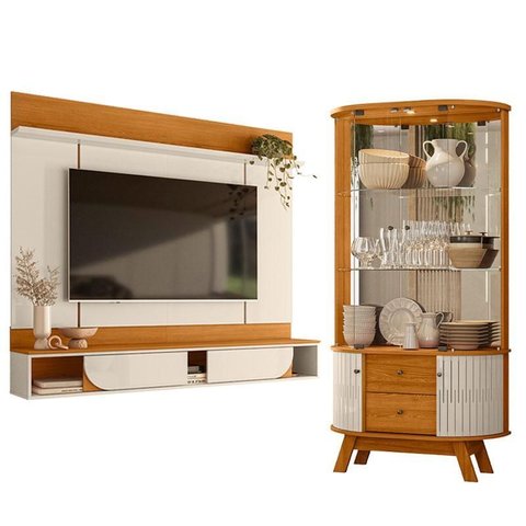 Painel para Tv Aura com Cristaleira Moss Cinamomo Off White - Madetec