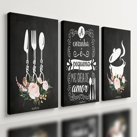 Kit 3 Quadro Decorativo Cozinha Copa Panela Talheres Frases Qualidade Premium 40x28cm