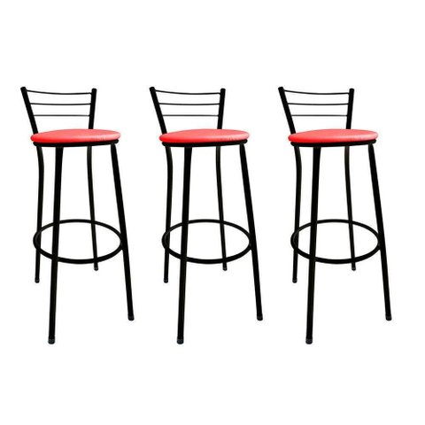 Kit 3 Banquetas Bistrô Aço Preto e Assento Vermelho