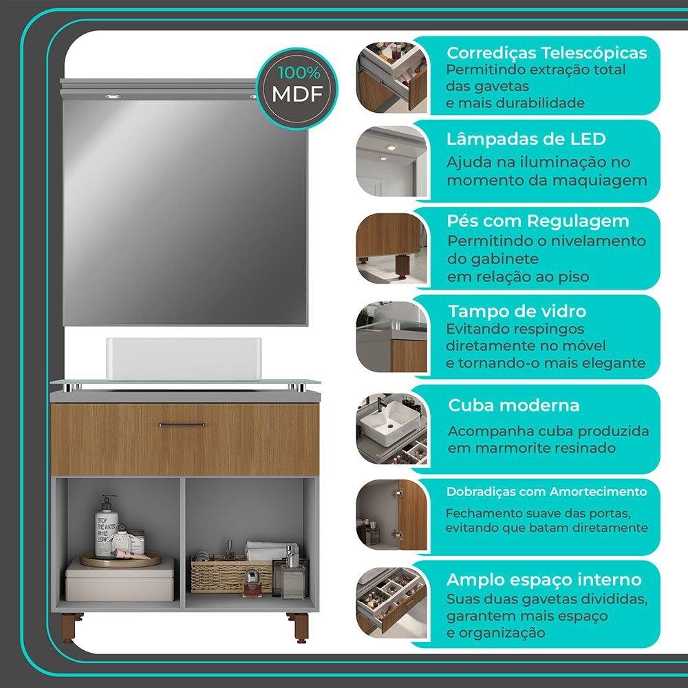 Gabinete para Banheiro com Cuba e Espelheira Lexus Cimento/Noce - Moville - 2