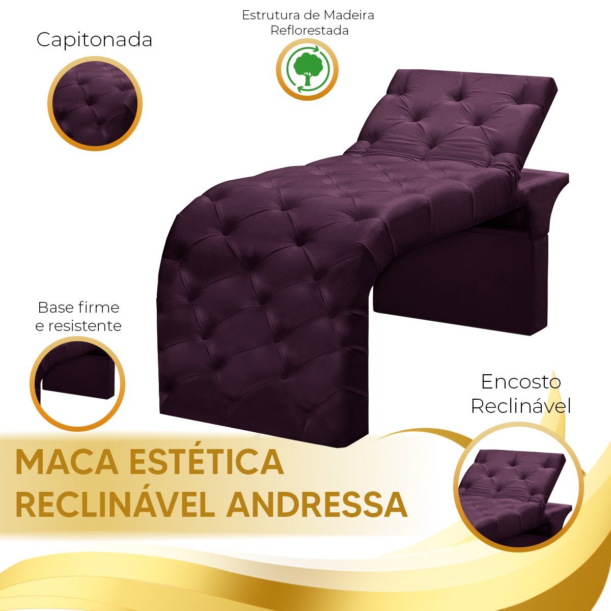 Maca de Estética Reclinável e Reta Andressa Star Confort Roxo Veludo 2301 - 5