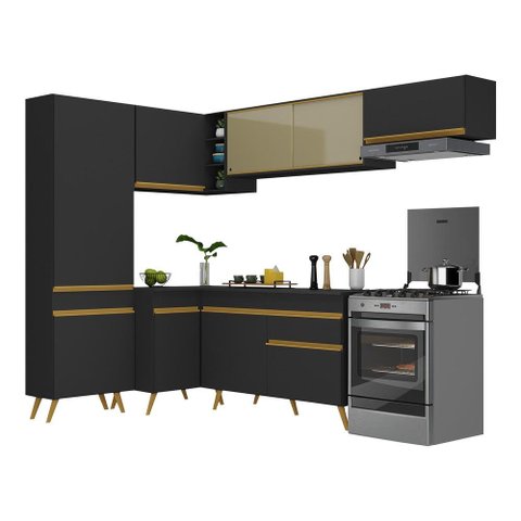 Armário de Cozinha Completa de Canto Veneza Multimóveis V2052 Preto/Dourado