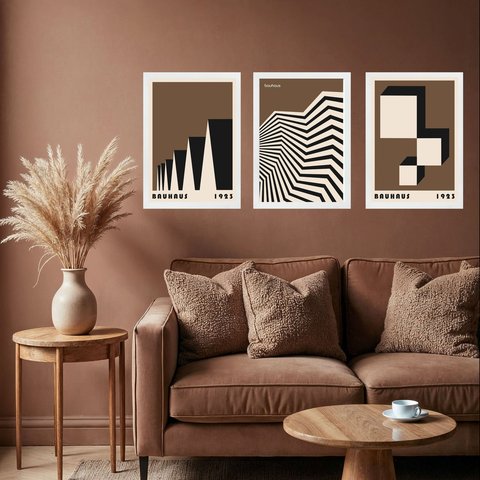 Kit 3 Quadros Artes Bauhaus Preto e Marrom 33x24cm:moldura Preta