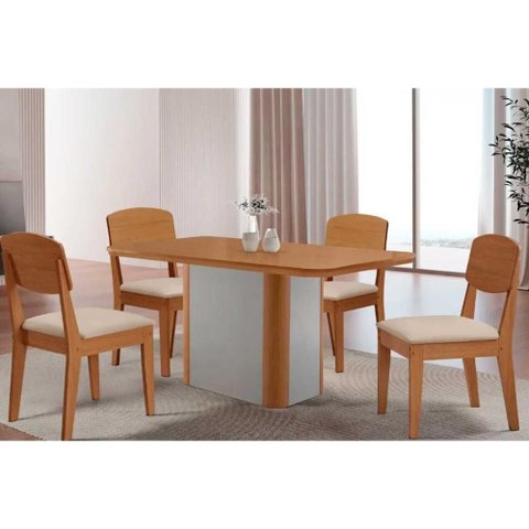 Conjunto: Mesa Sala Jantar Pietá C/ Tampo Madeirado Canto Curvo 120x80cm e 4 Cadeiras Havana