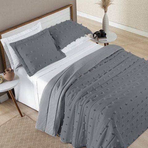 Conjunto Cama Queen Size Istambul Colcha Poppy Dupla Face 300 Fios Super Elegante:CINZA