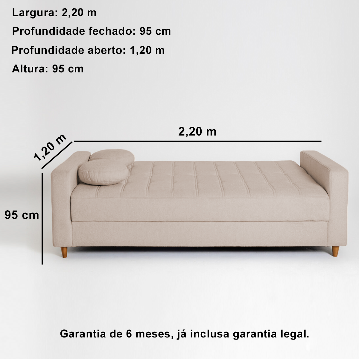 Sofá Cama 2 Lugares Veludo Bege 2,20m Blanc - 4