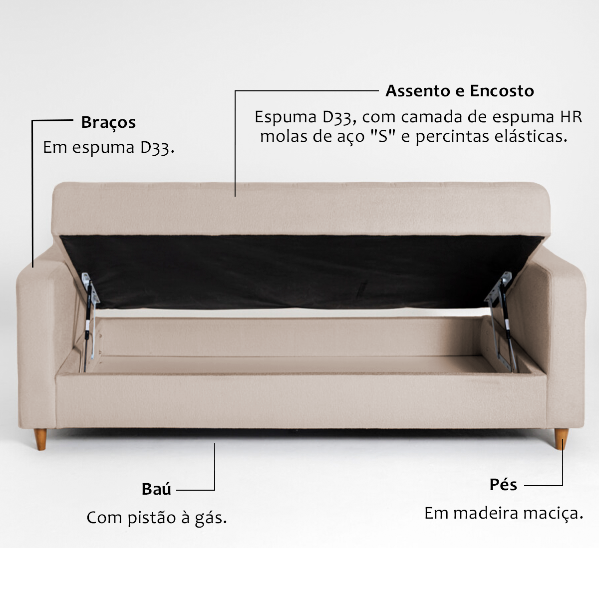 Sofá Cama 2 Lugares Veludo Bege 2,20m Blanc - 3