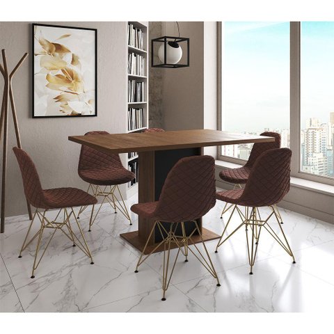 Mesa Jantar Londres Retangular Amêndoa 137x90 Base Preta 6 Cadeiras Estofadas Caramelo Base Dourado
