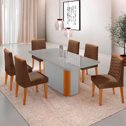 Mesa de Jantar Isadora 180cm Tampo MDF Vidro com 6 Cadeiras Veludo Marrom Naturale Serigrafia Off