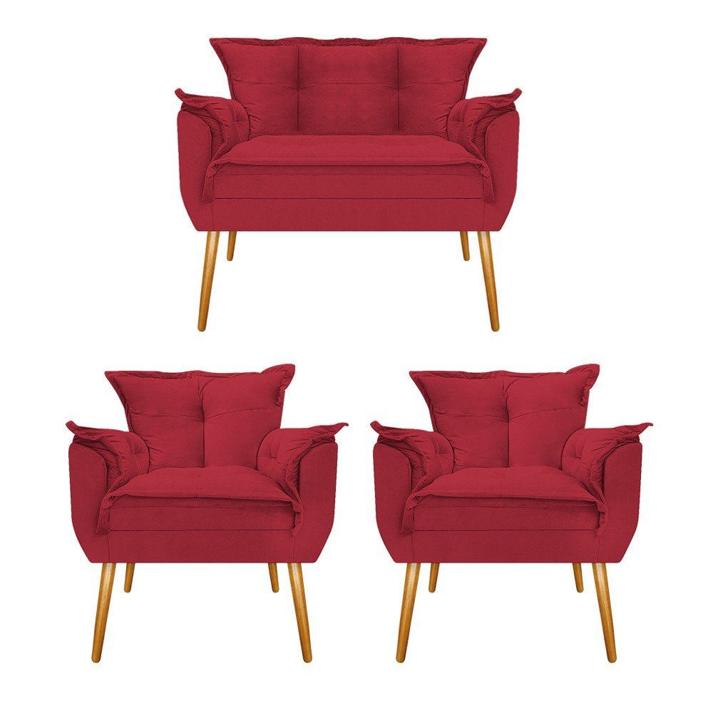 Conjunto Namoradeira e 02 Poltronas Opala Palito Mel Suede Vermelho - FLORENZZE MÓVEIS - 1