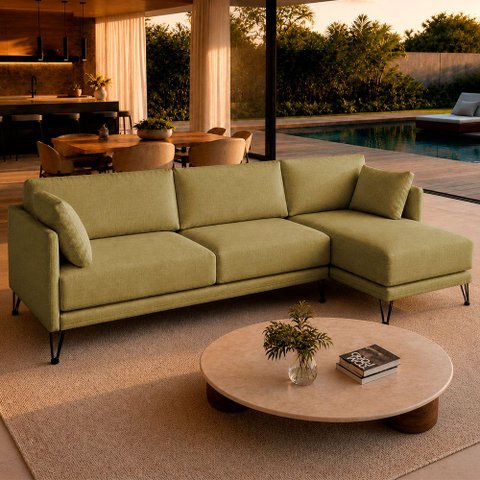 Sofá Sala de Estar Atena Chaise Direito Pés de Ferro 224cm 4 Lugares Bouclê Bege M1 - Monari Design