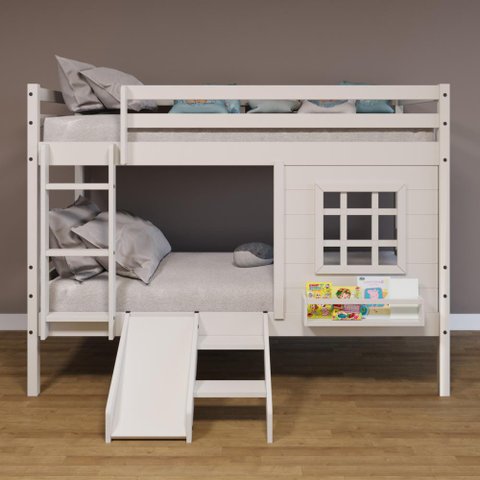 Beliche Infantil com Janela e Escorregador Madeira Maciça Branco Housin