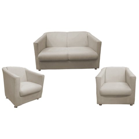 Kit Namoradeira + 2 Poltronas Decorativa Biane Couro Bege Pés Cromado Ms Decor