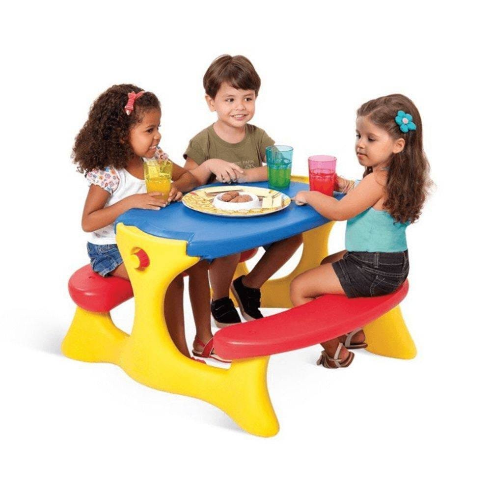 Mesa Mesinha Infantil Colorida 4 Lugares Dobrável Playground Atividades Recreação Refeição