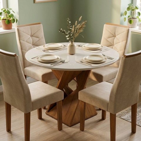 Conjunto Mesa de Jantar Redonda com 4 Cadeiras Estofadas 100x79x100cm