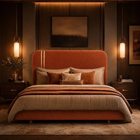 Cabeceira Glória Casal Estofada Boucle  Terracota com Detalhe Dourado