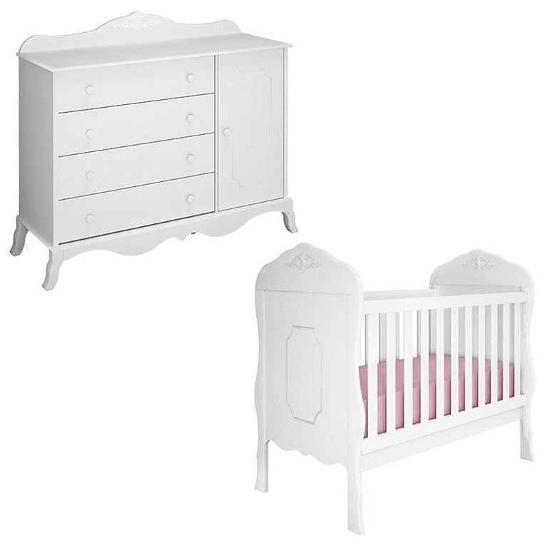 Berço Americano e Cômoda Infantil Realeza Branco Acetinado - Canaã Berço Americano e Cômoda Infantil Realeza Branco Acetinado - Canaã