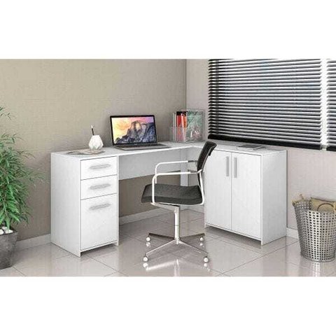 Mesa Office de Canto - 2 Gavetas 1 Gavetão 2 Portas - Branco