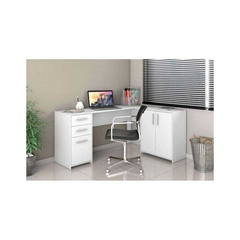Mesa Office de Canto - 2 Gavetas 1 Gavetão 2 Portas - Branco