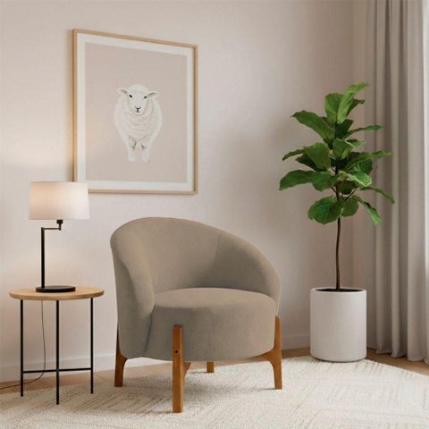 Poltrona Decorativa Ariel Orgânica Boucle Confortável Marrom com Pés Madeira Loja Sheep